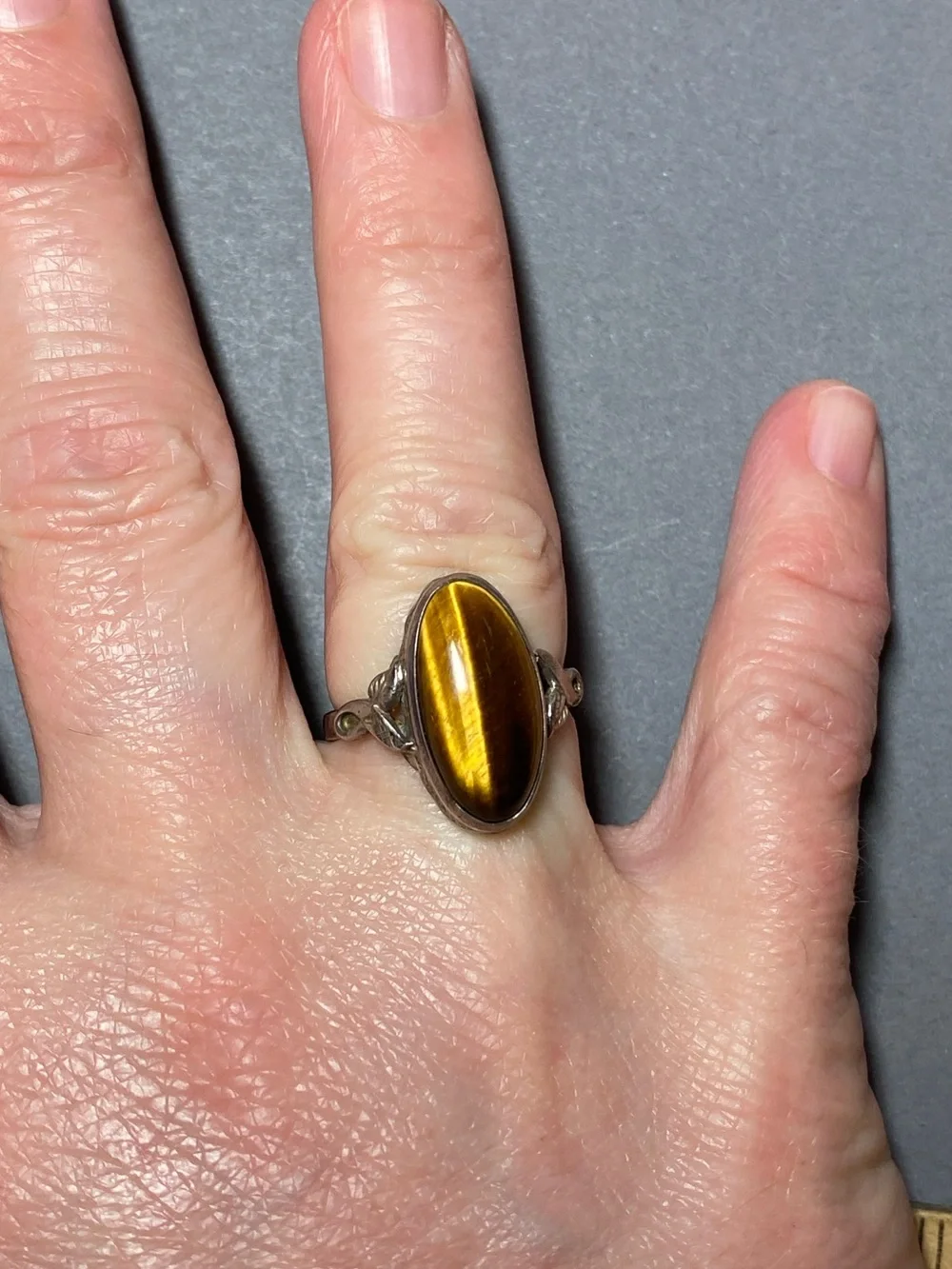 Vintage tigers eye yellow gemstone sterling silver ring size 7